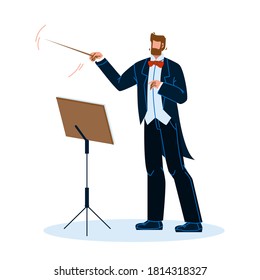 Music Conductor Man Conducting Orchestra Vector. Conductor Leader With Stick Baton And Stand With Notes Book Directing Symphony Musicians. Character Gesturing Flat Cartoon Illustration