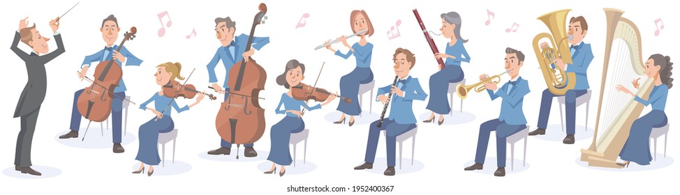 Music conductor and symphony orchestra on white background. Performing with various kinds of musical instruments. Vector illustration in flat cartoon style.
