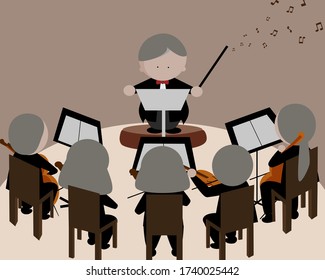Music conductor in tuxedo suit and symphonic orchestra icon vector illustration.