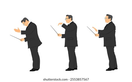 Music conductor vector illustration isolated on white background. Philharmonic conductor. Orchestra leader on event. Musician leader man. Elegant senior man in suite art leader of orchestra team.