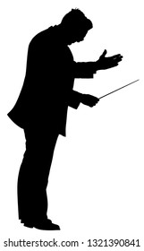 Music conductor vector silhouette illustration isolated on white background. Philharmonic conductor. Orchestra leader on event.
