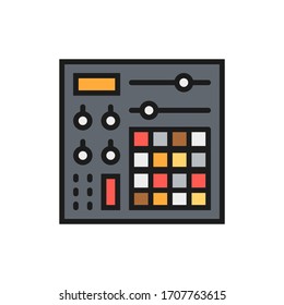 Music console, audio mixer flat color line icon.