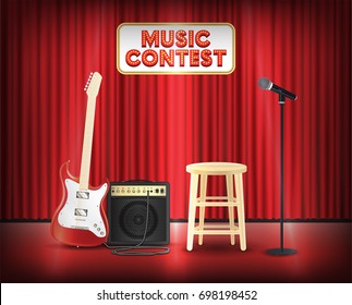 music contest with microphone guitar on stage