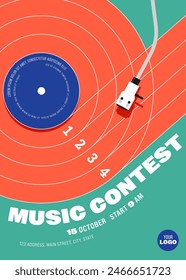 Music contest poster template design background with turntable and vinyl record flat design style. Design template can be used for banner, brochure, leaflet, flyer, print, vector illustration