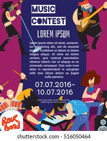 Music contest. Rock band music contest advertising flyer. Artistic people playing music instrument performing vector illustration. Festival announcement poster. Musical party invitation
