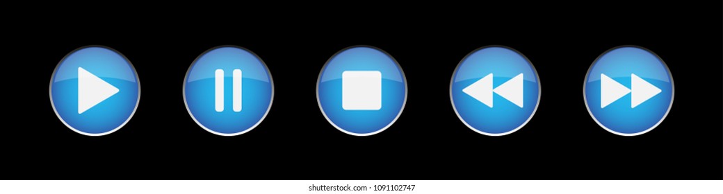 music control buttons set - five blue, white icons in front of a black background