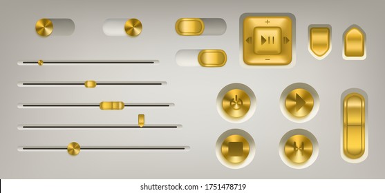 Musiksteuerung mit goldenen Tasten, Drehknopf, Schalter und Lautstärkeregler. Vektorrealistische Schnittstelle von Audio- oder Videoanwendungen mit goldfarbenen Tasten mit Wiedergabe-, Stopp-, Pause- und Power-Icons