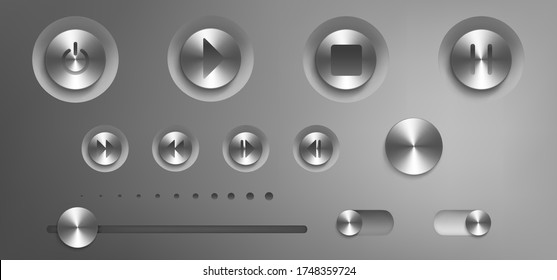 Musiksteuerung mit Stahlknöpfen, Drehknöpfen, Schalt- und Lautstärkeregler. Vektorrealistische Schnittstelle von Audio- oder Videoanwendungen mit silbernen Tasten mit Wiedergabe-, Stopp-, Pause- und Leistungssymbolen