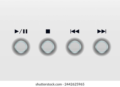 Panel de control de música con botones de acero. Botón Reproducir y Pausar y Saltar pista de un reproductor de CD.