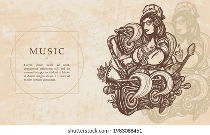 Music. Cool hip hop girl. Musical style. Renaissance background. Medieval manuscript, engraving art. Swag lifestyle. Street break dance. Boom box, audio cassette