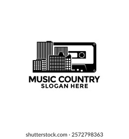 Music Country or Music City logo design. Cassette Tape with City vector logo. Cassette tape logo vector illustration.