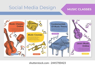 Music course online at social media banner set. Education technology in internet, learning musical instrument in network, vector illustration. Guitar, piano lesson at web post collection