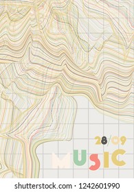 Music cover in blue, cyan, pink, orange colors. Rock concert flyer. Minimal line brochure. Sound background. Geometric audio cover. Media party ads. Vintage wave template.