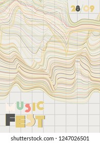Music cover in blue, cyan, pink, orange colors. School concert flyer. Minimal line brochure. Sound background. Geometric audio cover. Creative party advertise. Vintage wave template.