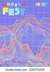 Music cover in blue, violet, pink, green colors. Rock concert flyer. Minimal line brochure. Sound background. Geometric audio cover. Media party ads. Vintage wave template.