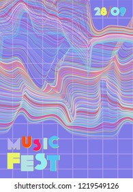 Music cover in blue, violet, pink, green colors. Rock concert flyer. Minimal tech brochure. Waveform layout. Geometric audio cover. Creative party advertise. Vintage wave template.