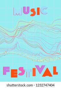 Music cover in blue, violet, pink, green colors. Radio concert flyer. Minimal line brochure. Sound background. Vibration audio cover. Promotion party ads. Vintage wave template.