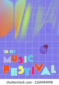Music cover in blue, violet, pink, green colors. Rock concert flyer. Minimal tech brochure. Waveform layout. Vibration audio cover. Promotion party ads. Vintage wave template.