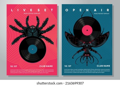 Music cover design with vinyl and bug. Retro style musical poster. Summer party template.