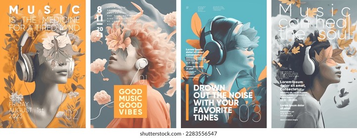 Music cover. A happy girl listens to music.  Set of vector illustrations. Typography design and vectorized illustrations on the background.