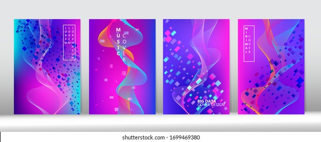 Music Covers Set. 3D Liquid Shapes Trendy Cover Design. Blue Pink Purple Punk Vector Cover Layout. Futuristic Gradient Overlay. Funky Geometric Music Wallpaper Big Data Tech Neon Background.