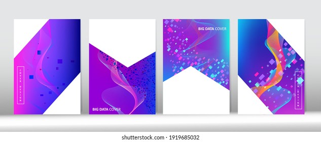 Music Covers Set. Big Data Tech Neon Background. Pink Purple Blue Punk Vector Cover Layout. Grunge Computing Music Wallpaper 3D Liquid Shapes Minimal Cover Design. Geometric Gradient Overlay.