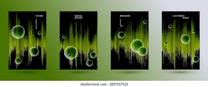 Music covers set with DJ equalizer background.  Abstract digital signal amplitude.  Distorted sound wave equalizer cover templates. Soundtrack waveform.