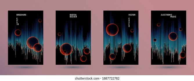 Music covers set with sound wave background.  Abstract audio record amplitude.  Distorted sound wave equalizer cover templates. Waveform of vertical lines.