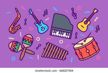 Music Creation Instruments Concept Line Art Bright Colors Illustration. Contemporary Trendy Vector Icons.