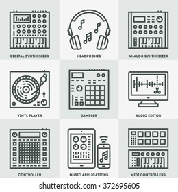 Music Creation Producer Beatmaker Set. Line Design Icon Set. Vector Illustrations.