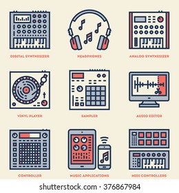 Music Creation Producer Beatmaker Set. Line Design Vintage Icon Set. Vector Illustrations.