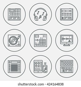 Music Creation Producer Beatmaker Set. Line Design Circle Icon Set. Vector Illustrations.