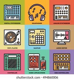 Music Creation Producer Beatmaker Set. Line Design Color Icon Set. Vector Illustrations.