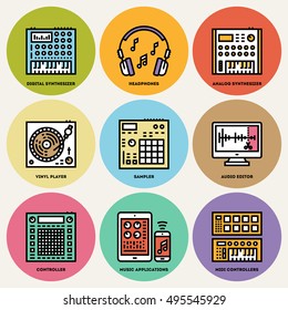 Music Creation Producer Beatmaker Set. Line Design Round Icon Set. Vector Illustrations.