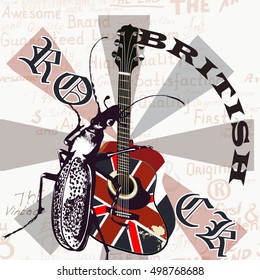 Music creative grunge flayer with GB flag and acoustic guitar