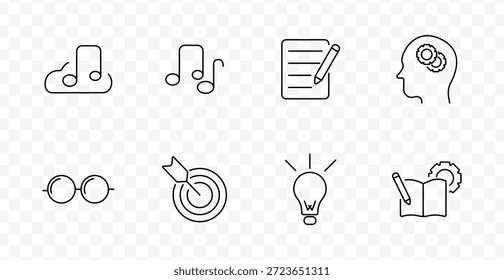 Music creativity set icon. Cloud, notes, writing pad, head with gear, glasses, target, lightbulb, book gear drawn in outline style with transparent background