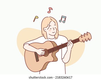 Music and creativity. woman in t-shirt playing on acoustic guitar. Hand drawn style vector design illustrations.