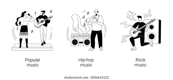 Music culture abstract concept vector illustration set. Popular singer, hip-hop and rock music, top chart artist, musical band production, recording studio, sound mastering abstract metaphor.