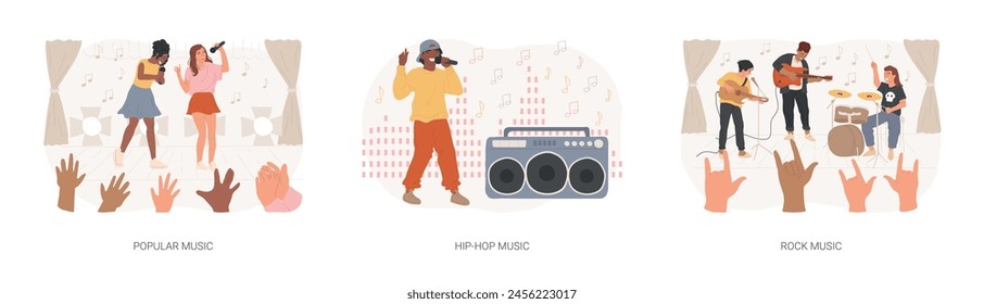 Music culture isolated concept vector illustration set. Popular singer, hip-hop and rock music, top chart artist, musical band production, recording studio, sound mastering vector concept.