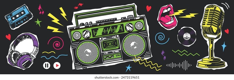 Poster vintage de cultura musical colorido con reproductor retro y casete de película o micrófono y auriculares Ilustración vectorial