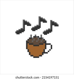 Music cup of coffee with   music note steam in pixel art. vector illustration.