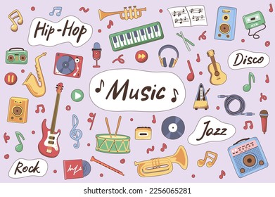 Music cute stickers set in flat cartoon design. Collection of jazz, hip hop, rock, disco, guitar, drums, trumpet, saxophone, piano and other. Vector illustration for planner or organizer template
