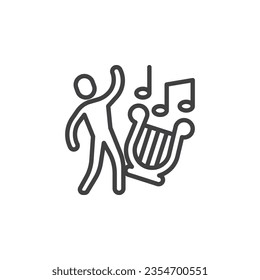 Music and Dance line icon. linear style sign for mobile concept and web design. Man and harp music outline vector icon. Symbol, logo illustration. Vector graphics