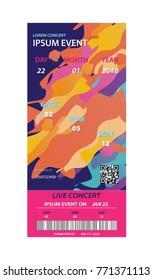 Music, Dance, Live Concert entrance vector tickets templates. Ticket for entrance to the event. Modern elegant illustration template of Ticket Card. Vector illustration