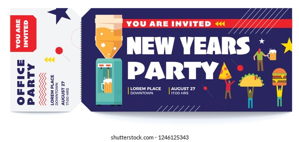 Music, Dance, New Year vector tickets templates. Ticket for entrance to the party. Modern elegant illustration template of Ticket Card