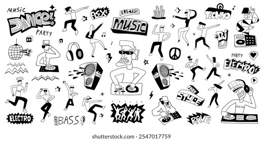 Música dança festa doodle, dj tocando eletro música e dança jovens ilustração, 
caracteres, objetos e letras desenhados à mão isolados
