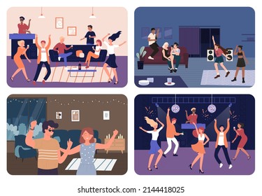 Music dance party with happy young people set vector illustration. Cartoon boy girl characters dancing at home or nightclub with dj,crowd of dancers on discotheque or holiday event background