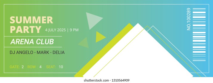 Music, Dance, party, Live Concert entrance vector tickets templates. Ticket for entrance to the event. Modern elegant illustration template of Ticket Card with green & blue color.