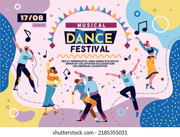 Music dance poster. Summer party with street food, spring city concert or fest, happy night market. Girls and boys fun characters. Different choreography positions. Vector modern background