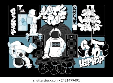 Music and dance spaceman and lettering illustration set. Fun image poster party in sketch style 